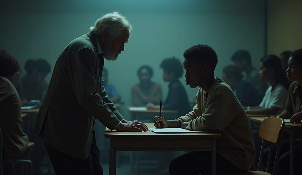 "A heart-wrenching scene in a dimly lit classroom, where a young Black student sits alone at a small desk, visibly anxious and trying to hold back tears. The teacher, a stern, older white man or woman, is standing in front of the student, leaning in aggres...