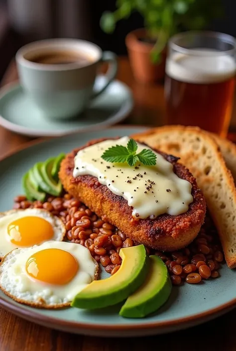 Tigrillo Ecuadorian dish ;  with chicharrón and melted mozzarella cheese on top, On the side 2 fried eggs , slices of avocado , cafe,  slices of bread
