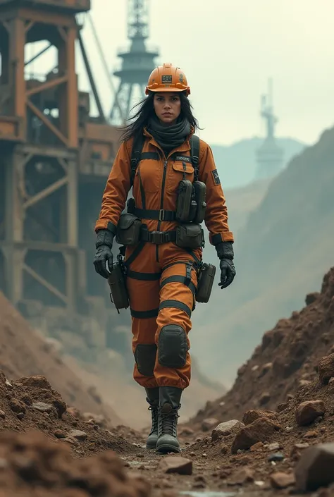 You can create the image of a female engineer who is walking with her back and in the background a mining company comes out that looks very realistic and of good quality