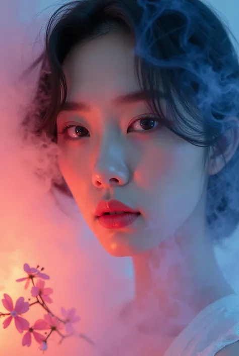 This is a picture of a korean woman, with flowers,  with a facial expression calm and focused look ahead .  Her face is highlighted with warm and cold light,  featuring shades of pink , orange, dan blue yang lembut.  Around his face there is a mist or asso...