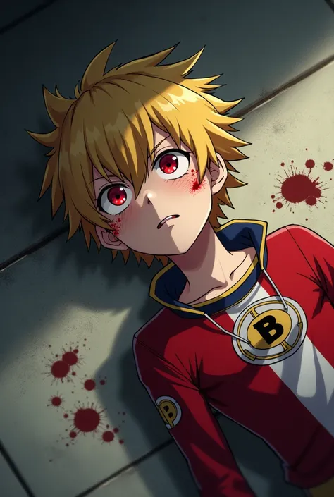 a boy from Boku no Hero with blond hair and red eyes ,  fallen to the ground unconscious and with eyes closed and with injuries