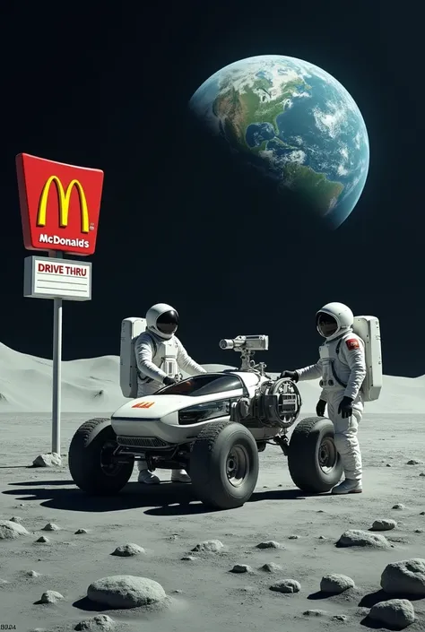 Astronauts with the lunar rover stand in the mcdrive on the moon 