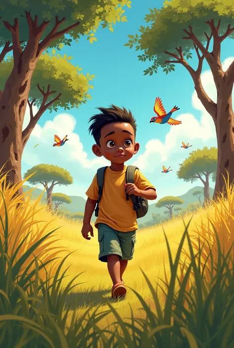 Kibo in the Savannah
- A vibrant illustration of Kibo, a curious six-year-old boy, walking through the sunny savannah, surrounded by tall grasses, acacia trees, and colorful birds.