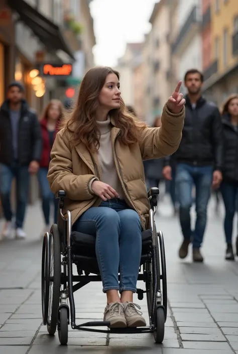  Make an image where 1 girl is in a wheelchair and all other people are walking in a shopping street.  All walking people should look at the girl in the wheelchair and some of them also point . The girl must look powerful , , tidy and feminine with wavy ha...