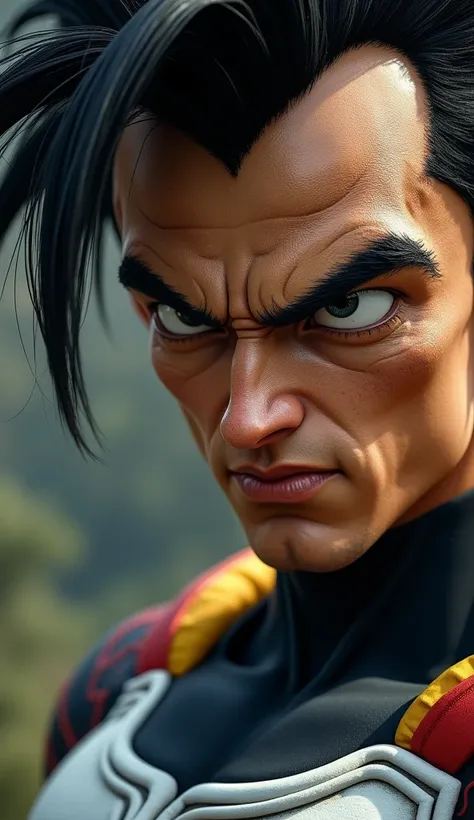 Realistic, cinematic, A close-up of a face of a man in a Dragonball saga sayajin Warrior uniform