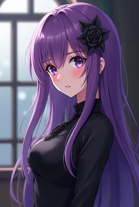  a woman with purple hair and a black dress is looking at the camera,  a character portrait inspired by Kusumi Morikage ,  winner of the pixiv contest , arte digital, In the artistic style of Bowater ,  Half-body portrait , Made with Anime Painter Studio, ...