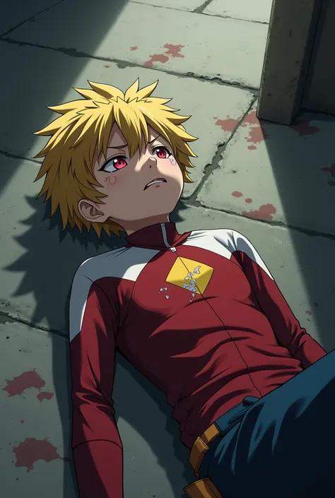 a boy from Boku no Hero with blond hair and red eyes ,  fallen to the ground unconscious and with eyes closed and with injuries