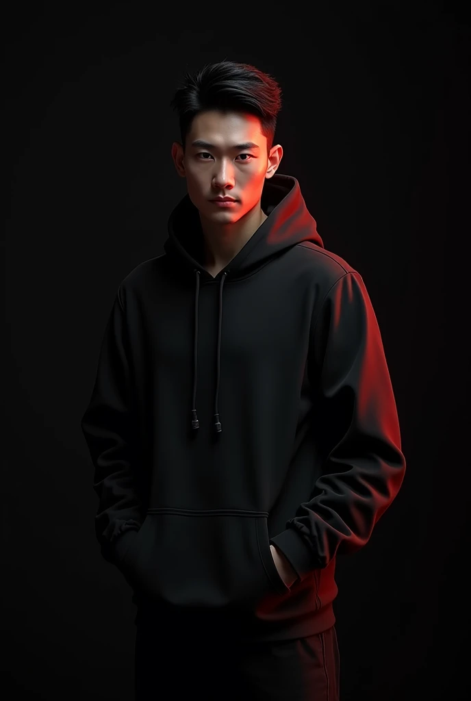 Jimmy Zhong, a 30-year-old man with a confident yet sly expression, standing against a pitch-black background. His piercing eyes look directly into the camera, exuding a mix of intelligence and audacity. He wears a sleek black hoodie, with subtle hints of ...