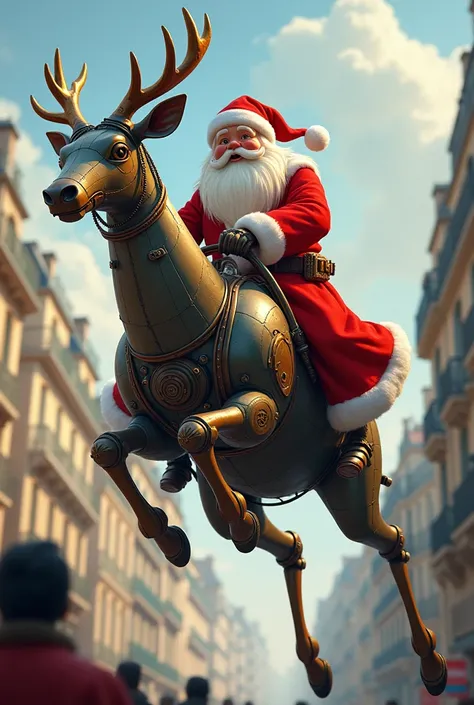 Santaclauce riding mechanichal deer structure powerd by jet engines riding throgh paris city