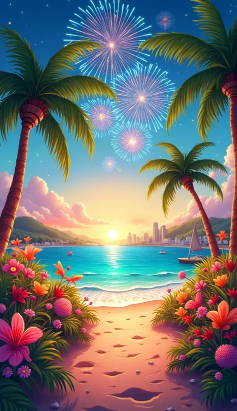 A cartoon reveillon scenery, big place, simillar to a beach, fireworks, etc. with no people