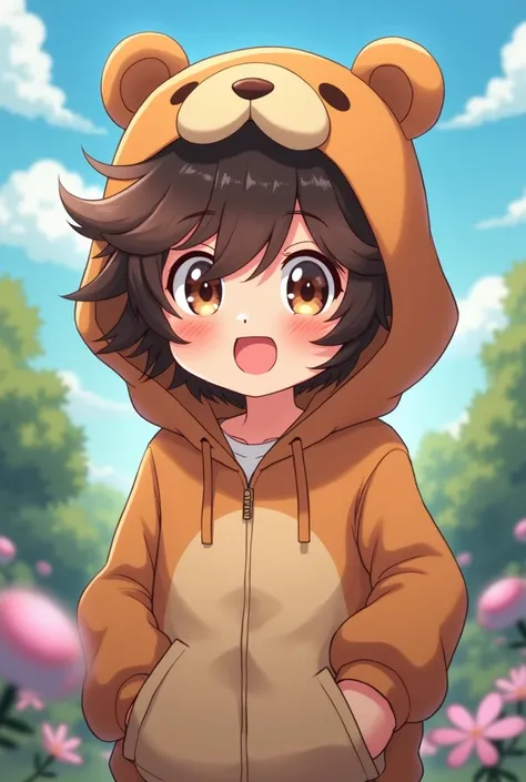 Make an anime  wears a bear hoodie and has messy brown hair and wears a bear cap
And a boy 