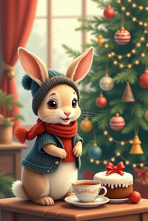 Dessin retro Un lapin avec un gilet, A hat and a scarf in front of a Christmas tree with tea and Christmas cake. decoration 