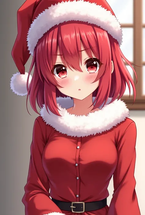 anime girl in santa hat with red eyes and red hair, seductive anime girl, oppai, anime moe artstyle, ecchi, ecchi anime style, cute anime girl, attractive anime girl, naughty expression, (anime girl), ecchi style, makoto shinka, reimu hakurei, marin kitaga...