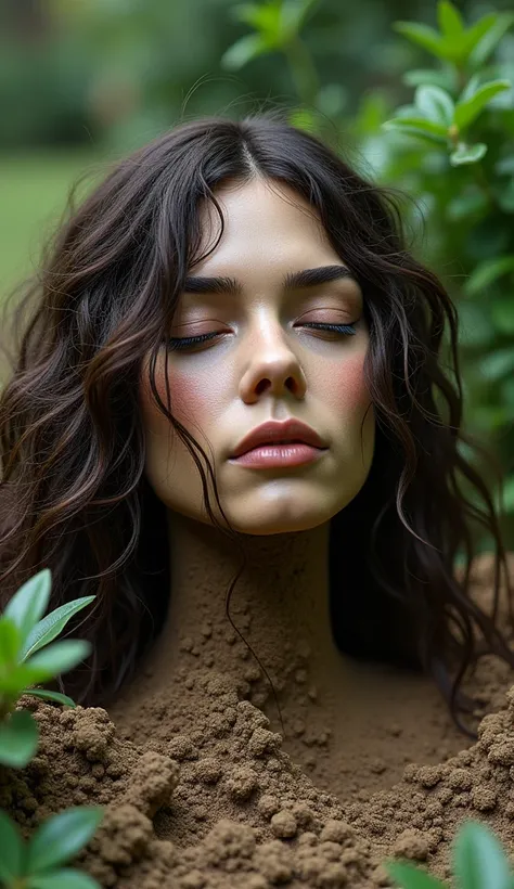 A piece of head of a latina woman without a neck ,  with very long and thick hair, buried standing up to the neck in the middle of the garden,  her head surrounded by clay ,  expressionless face , realistic photo, realistic face, her hair unravels and spre...