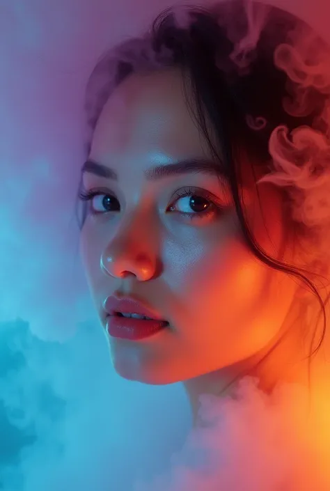  This is a picture of a thai woman with a facial expression calm and focused look ahead .  Her face is highlighted with warm and cold light,  featuring shades of pink , orange, dan blue yang lembut.  Around his face there is a mist or assorted-color smoke ...