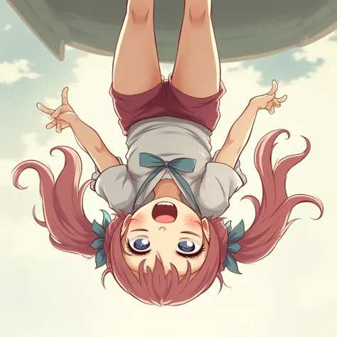  Twin Tails ,  shows teeth and laughs , Upside down,  anime style, ジャンプ Upside down