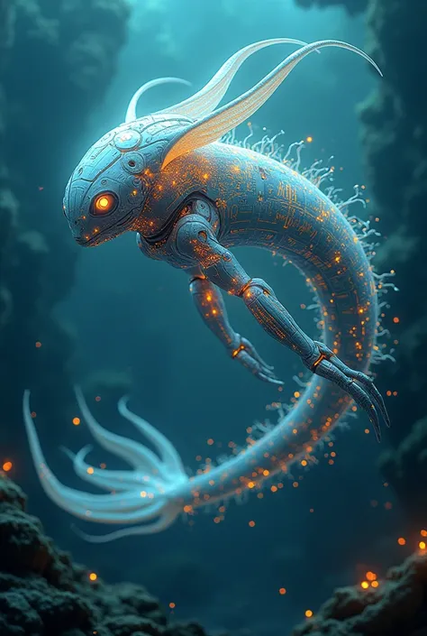 Create a character，Playful AI Intelligence Ocean Creatures，futurism，whole body，cybernetics，AI Intelligence，A fusion of organic life and radiant bioluminescence，A fusion of organic curves and smooth metal，Magic Inscription，，Emotions are strong，The compositi...