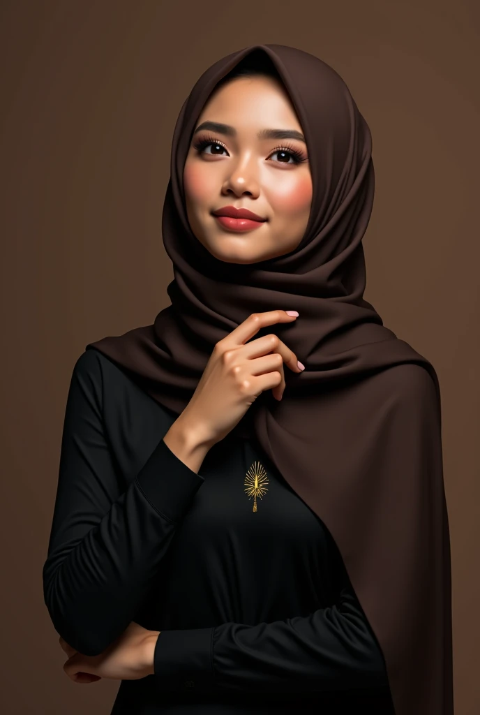 Young indonesian woman,smiling and black shirt with golld motif ,dark brown hijab black pants s