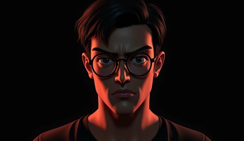 A 30-year-old man with a round face and a stocky build, wearing round glasses and sporting short, straight hair, stares directly into the camera. His expression is a mix of defiance and confidence, with subtle tension in his eyes. The background is pitch b...