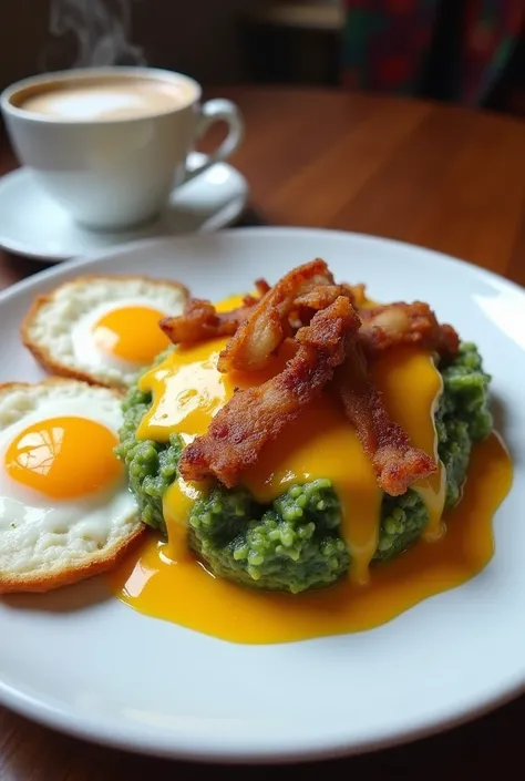 Breakfast Tigrillo  : Tigrillo with chicharrón ,  melted mozzarella cheese on top of white ,two fried eggs on the side of the plate  , café 