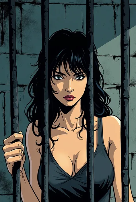 Comic-style image showing Antigone, the teenage daughter of Oedipus the King with black hair, in the castle prison 