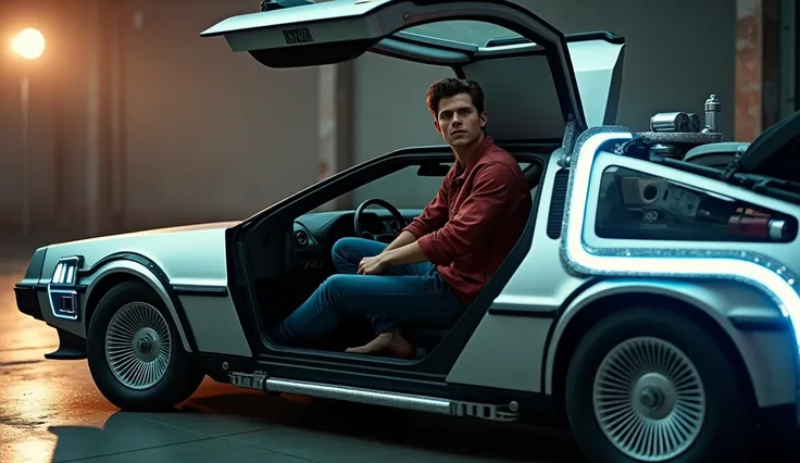 Tom Holland siting inside back to the future movie car ready for time travel. 