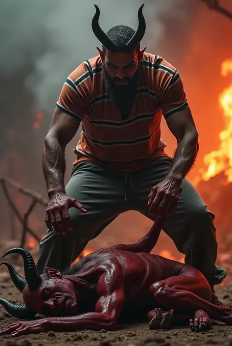  Brutal-looking man in a striped alcoholic shirt and stretched sweatpants Adidas hits the devil in the head and holding with his leg another beast on the floor against the backdrop of hell! Devils beg for mercy 