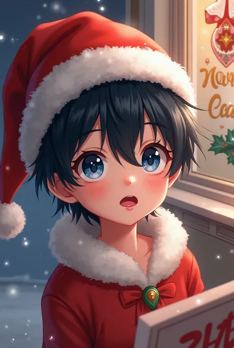 Blue eyed anime boy with black hair wearing Christmas hat and poster