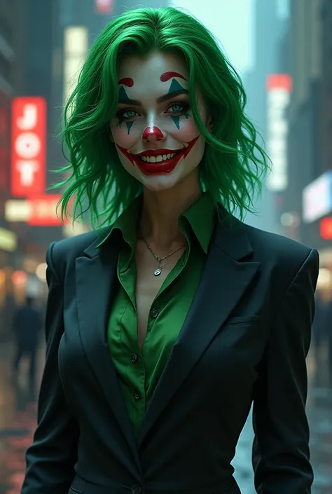 Joker woman with green hair and suit 