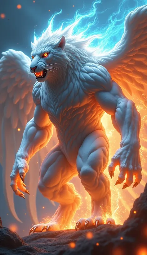 "create 32k detailed image of a massive hybrid fusion creature combining the primal might of a white tiger and a hawk. This fusion embodies untamable strength, towering in size with a powerful muscular build. The creature’s body, sleek yet imposing, featur...