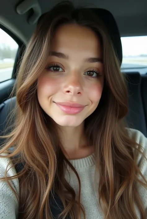 arafed woman with long brown hair sitting in a car, a picture inspired by Winona Nelson, reddit, photorealism, brown hair and large eyes, sitting in her car, kailee mandel, lilly collins, without makeup, 18 years old, she is about 1 , taken in the early 20...