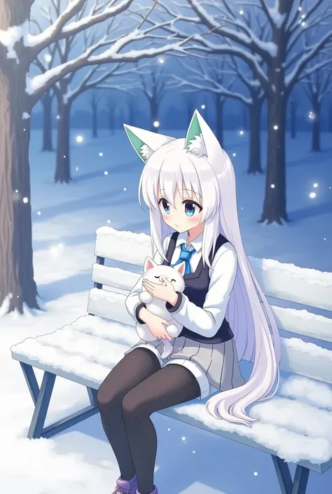 The image depicts an anime-style character with long, white hair and cat ears, sitting on a bench in a serene, snow-covered environment, holding a small, white feline companion. The scene is illuminated with a soft, ethereal glow, creating a peaceful and m...