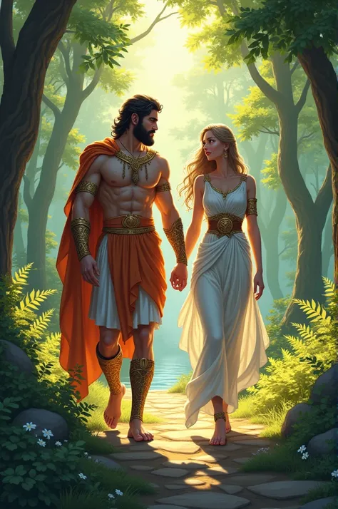 Hephaestus and Artemis, Greek Gods, walking, Greek forest ,anime