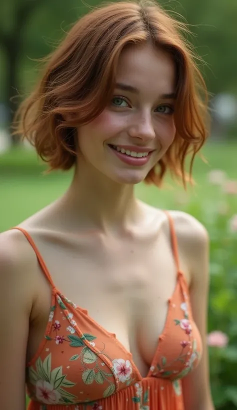 European girl, aged s, hair color chestnut, hair short, skin color pale white, smiles mysteriously, lips slightly open teeth visible, bohemian look, wide jaw, deep dimples on the cheeks, breasts small first size sag Features of the figure: poking nipples, ...