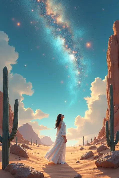 Create a woman in a white robe in a desert looking up at the sky. Play cactus and a glowing, beautiful sky . good resolution