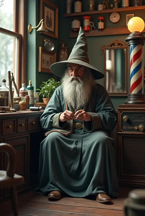 Add barbershop items around this wizard and create a realistic scenario 