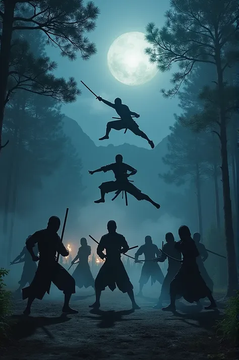 Japanese ninja training with other ninjas at night 