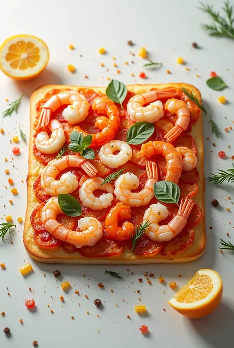  GENERATE AN IMAGE THAT REFLECTS THE INNOVATION OF SQUARE PIZZAS WITH PRODUCTS SUCH AS SHRIMP, SEAFOOD AND NATURAL PRODUCTS 