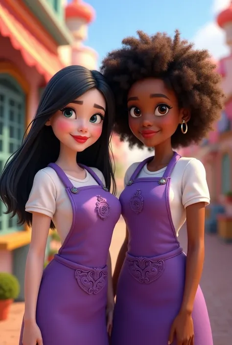 Pixar-style poster: two girls in their twenties dressed in purple aprons, one white skin, straight dark hair up to the shoulders, red lips and the other dark skin, curly light-colored hair.