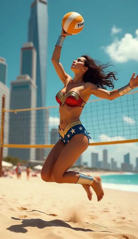 (photorealism:1.2), beautiful woman, ### Image Description:

A dynamic depiction of Wonder Woman in a star-spangled bikini, reminiscent of her iconic suit, playing beach volleyball at mid-afternoon. This is a hyper-realistic photograph that shows Wonder Wo...