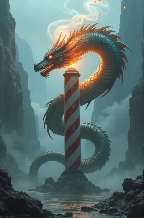 A dragon coiled around a barber pole, releasing clouds of smoke