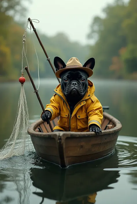 black French bulldog dressed as a fisherman in a boat throwing fishing net