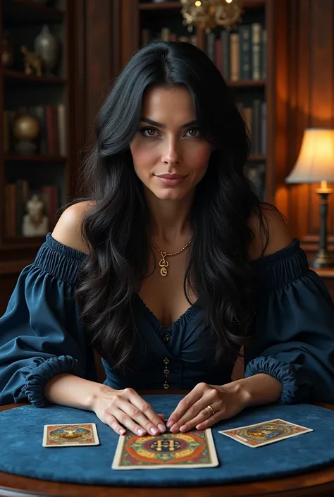 A realistic depiction of a Romani woman in her mid-40s, with long, wavy dark hair. 
She has warm, expressive brown eyes and is dressed in eye-catching. She is seated at a dark wooden table with a polished marble top, covered with a deep blue velvet cloth. ...