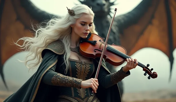 dama, playing a violin Long White Hair , strong personality, medieval clothing, Queen, Based on HBO  " Game of Thrones" and "House of the Dragon" Franchises, and also band author George RR Martin de fondo un dragon estilo afiche de pelicula