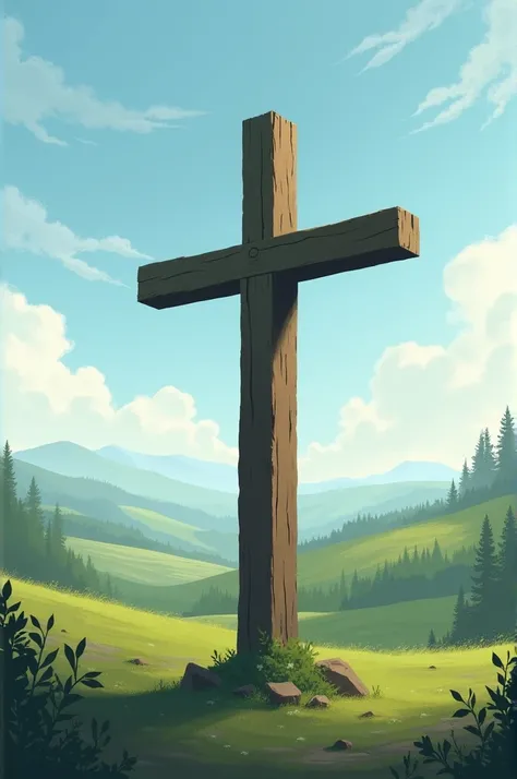 Christian cross with landscape in the background