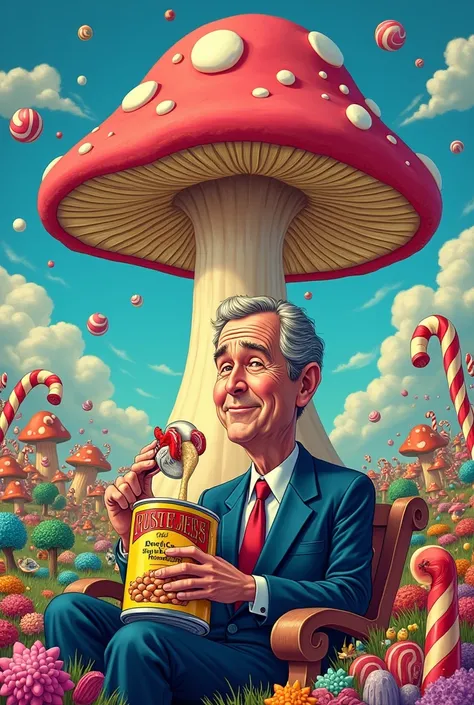 In a Dr. Suess art style president George Bush eating Bushs baked beans under a giant mushroom in a magical candyland