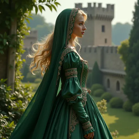 Women with blonde hair wearing a green tudor style dress and a french hood with a veil on her head in the garden of a medieval castle
