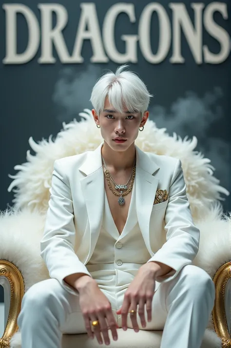 a stylish matured White short hair and tightly eyes handsomely cute Korean boy with pale skin, sitting casually on a luxurious white cloud throne feathers chair  in the middle, wearing a white and gold suit, gold ring, silver necklace with printed name CYL...