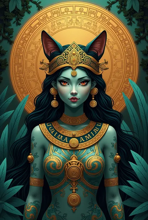 Mother Earth with the face of a cat goddess with Mayan style