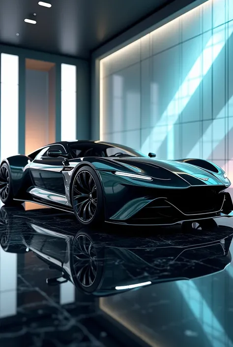 "A hyper-realistic side view of the Aston Martin Valhalla, showcasing its sleek and aerodynamic silhouette. The car features a glossy metallic black finish, sharp contour lines, and large, sporty alloy wheels with low-profile tires. The side mirrors are sc...